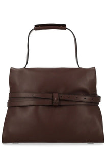 Moschino women’s borsa tie me medium brown leather satchel with matching belt-style strap and top handle