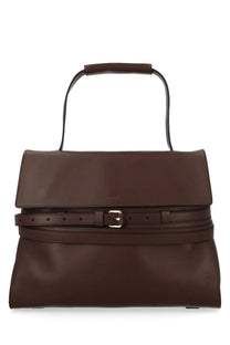 Moschino women’s borsa tie me medium brown leather satchel with top handle and belt-style buckle closure