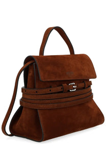 Moschino women’s borsa tie me small brown suede handbag with flap closure adjustable shoulder strap and belt detail