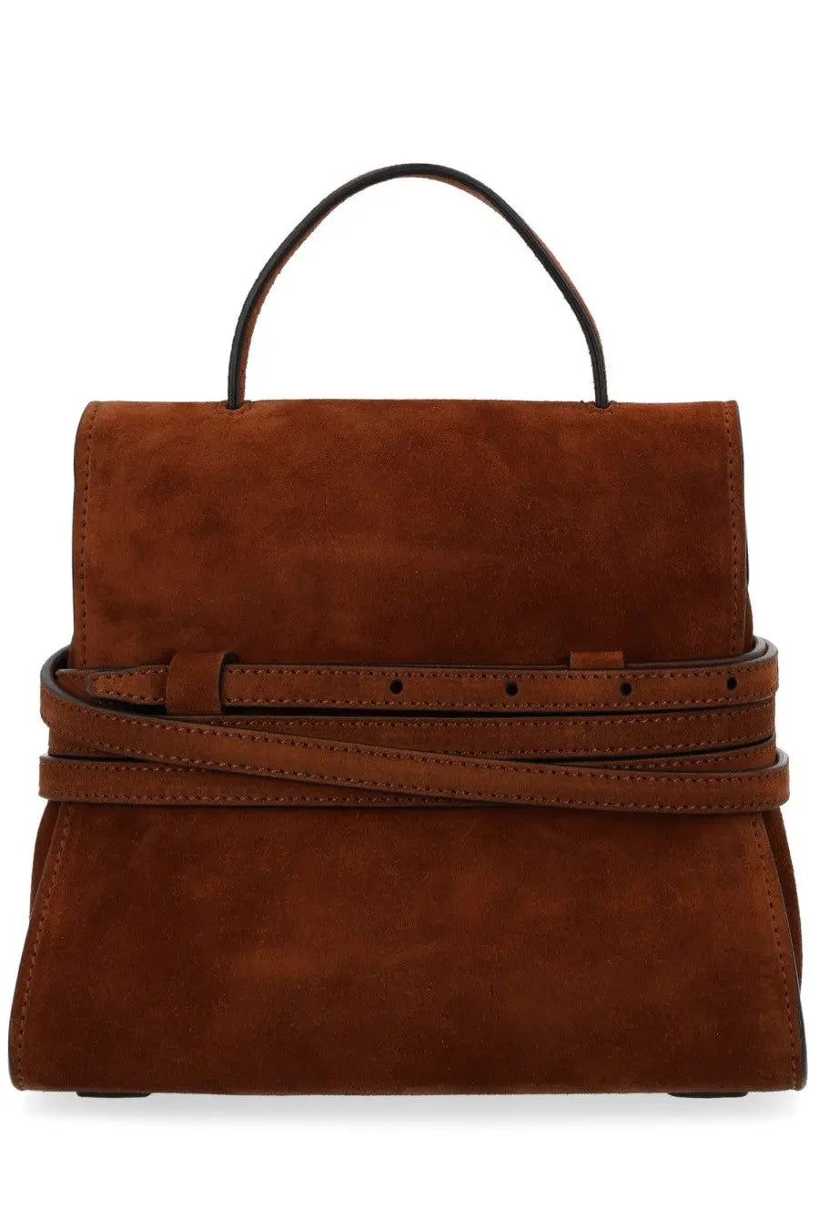 Moschino women’s borsa tie me small brown brown suede handbag with matching leather strap and top handle