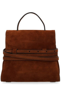 Moschino women’s borsa tie me small brown brown suede handbag with matching leather strap and top handle
