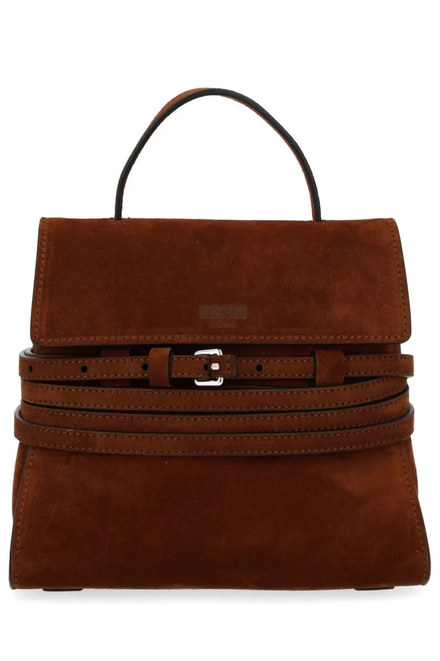 Moschino women’s borsa tie me small brown suede handbag with structured design two horizontal straps and silver buckle