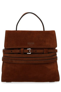 Moschino women’s borsa tie me small brown suede handbag with structured design two horizontal straps and silver buckle