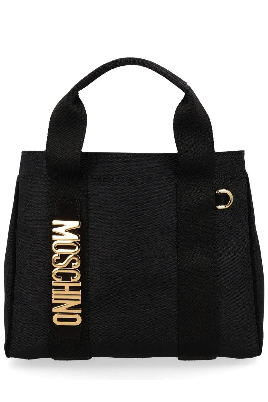 Moschino women’s borsa tote carry black leather bag with gold-tone lettering and hardware for stylish use