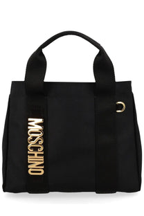 Moschino women’s borsa tote carry black leather bag with gold-tone lettering and hardware for stylish use