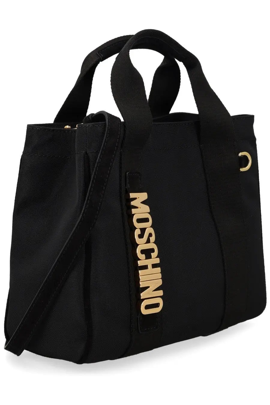 Black Moschino women’s borsa tote carry bag with gold-tone lettering and matching shoulder strap in leather