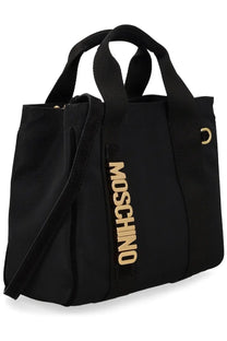 Black Moschino women’s borsa tote carry bag with gold-tone lettering and matching shoulder strap in leather