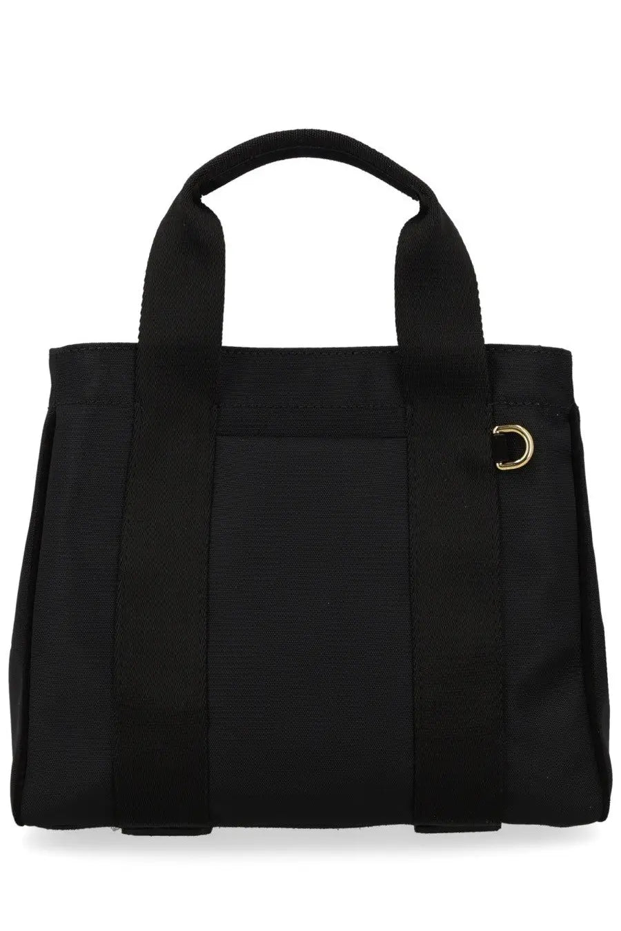 Moschino women’s black canvas tote bag with gold-tone d-ring hardware for stylish everyday carrying