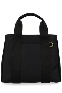 Moschino women’s black canvas tote bag with gold-tone d-ring hardware for stylish everyday carrying