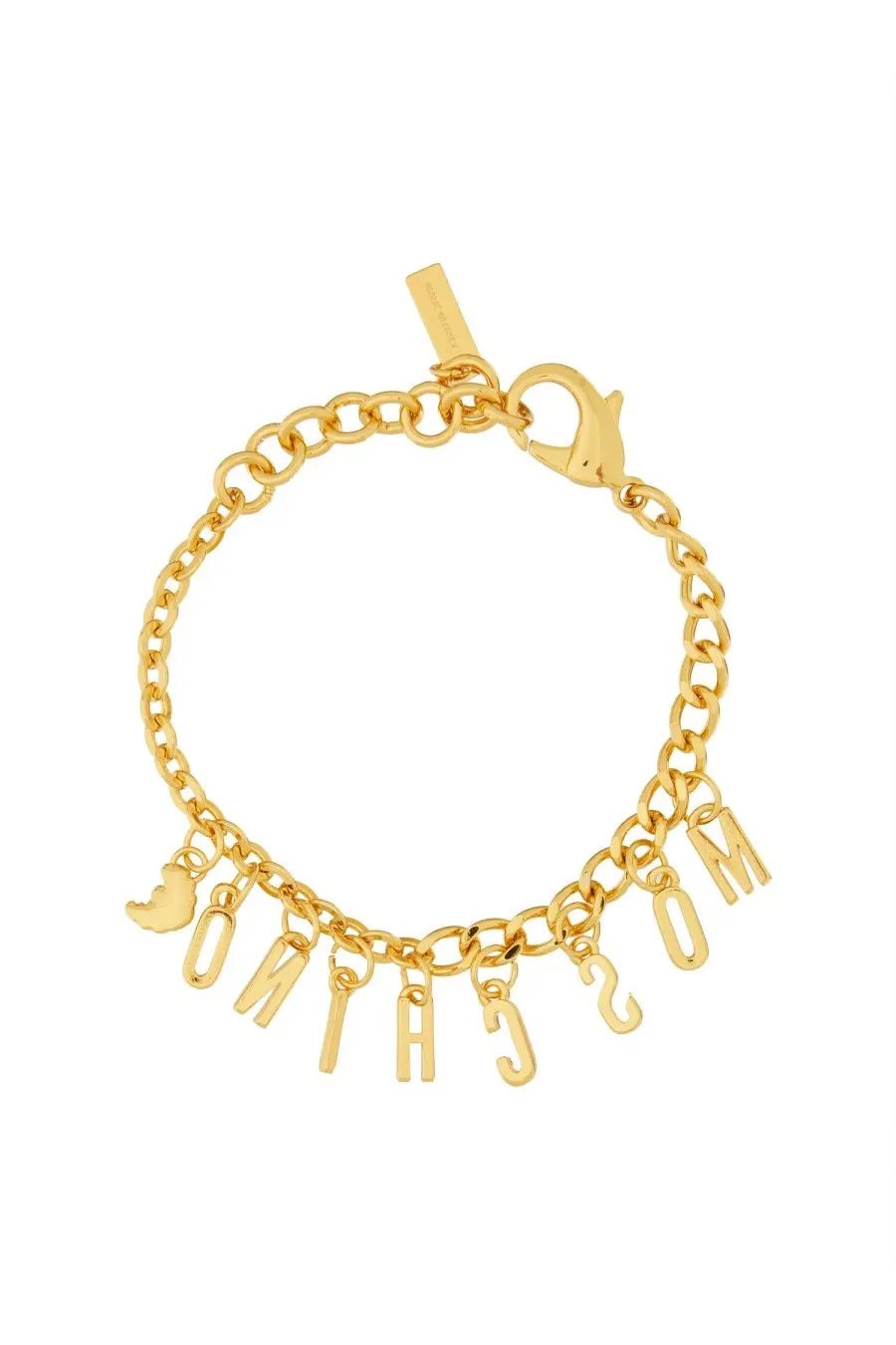 Moschino women’s gold-tone chain bracelet with dangling letter charms spelling moschino and a small bird charm