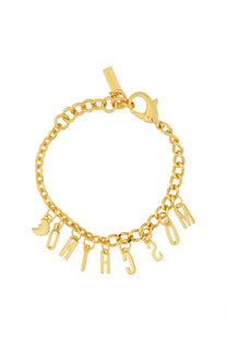 Moschino women’s gold-tone chain bracelet with dangling letter charms spelling moschino and a small bird charm