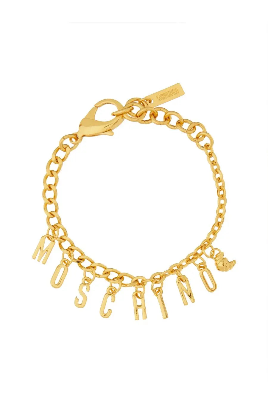 Moschino women’s gold-tone chain bracelet with dangling letter charms spelling moschino and a small bird charm