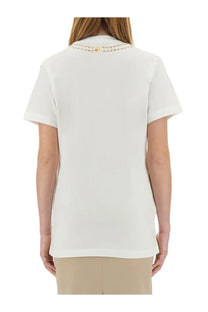 Moschino women’s white short-sleeved shirt with delicate beaded collar detail in lightweight fabric