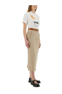 Moschino women’s white cotton t-shirt featuring a graphic print of golden brown croissants and black text