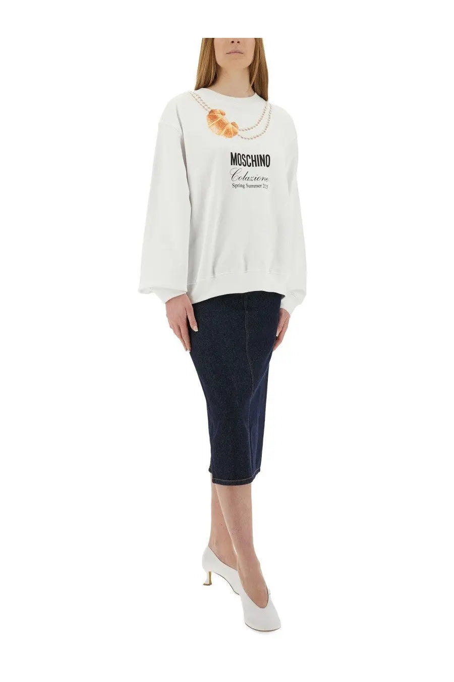 Moschino women’s white sweatshirt featuring a printed croissant and pearl necklace graphic with black text