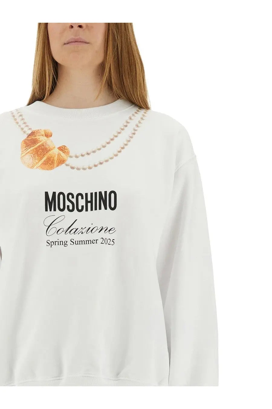 Moschino women’s white sweatshirt featuring a printed croissant pearl necklace and moschino colazione spring summer 2025 text