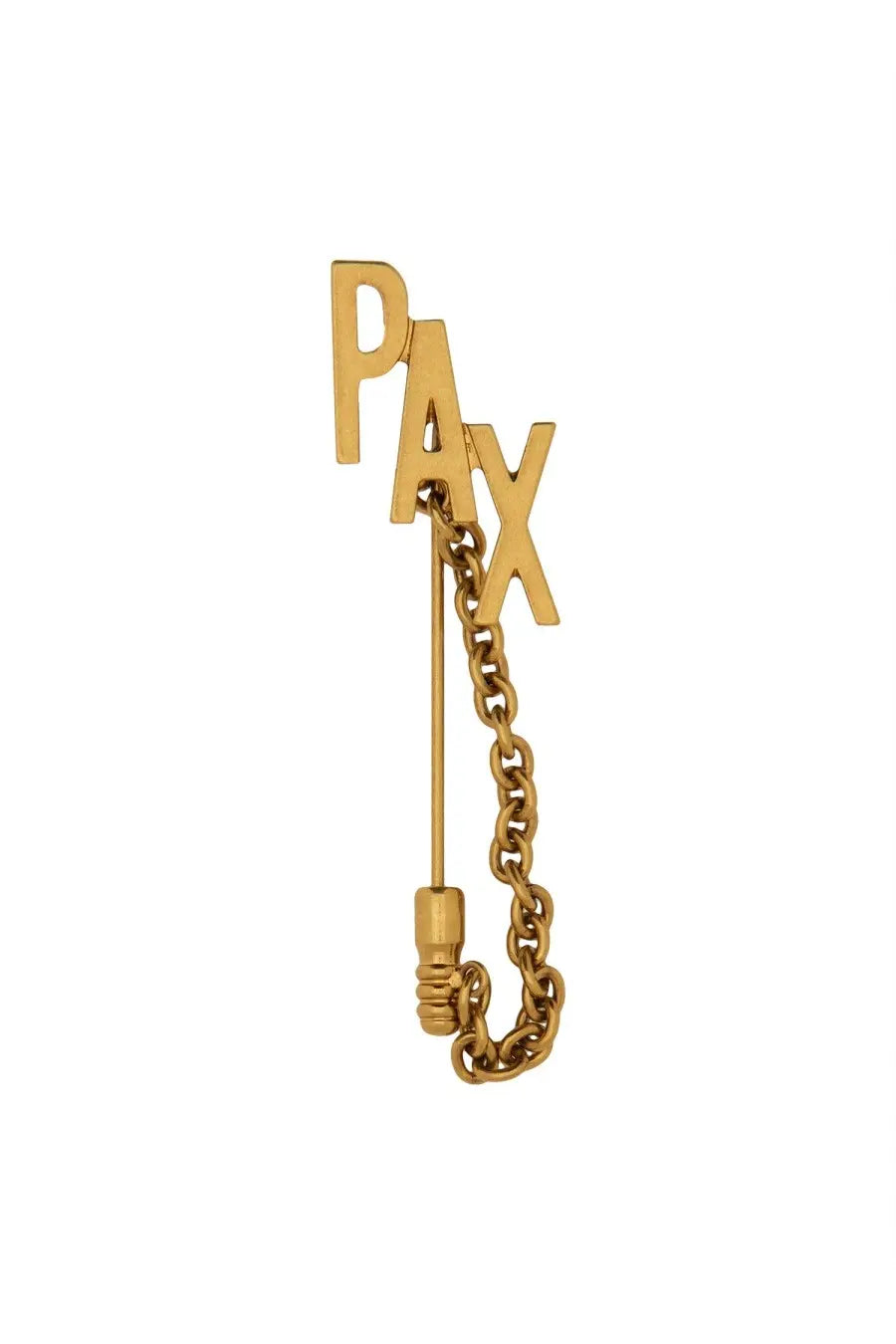 Moschino women’s brooch gold featuring a gold-tone metal pin with bold pax letters and a dangling chain