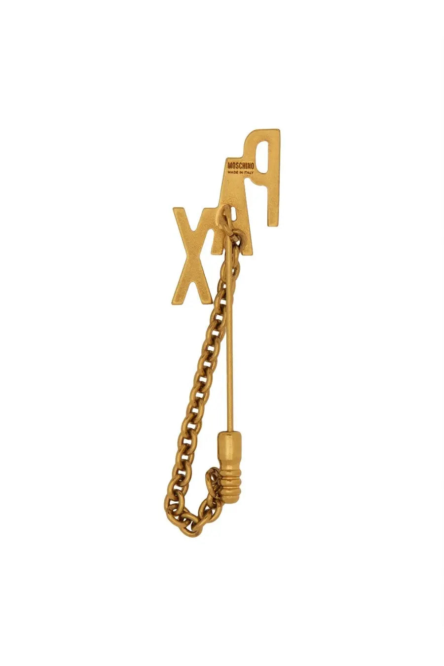 Moschino women’s gold-tone metallic brooch with bold xap lettering, dangling chain, and textured clasp