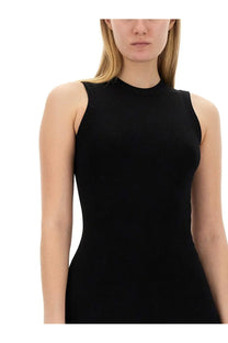 Moschino women’s black sleeveless high-neck dress with ribbed texture and buttoned detail