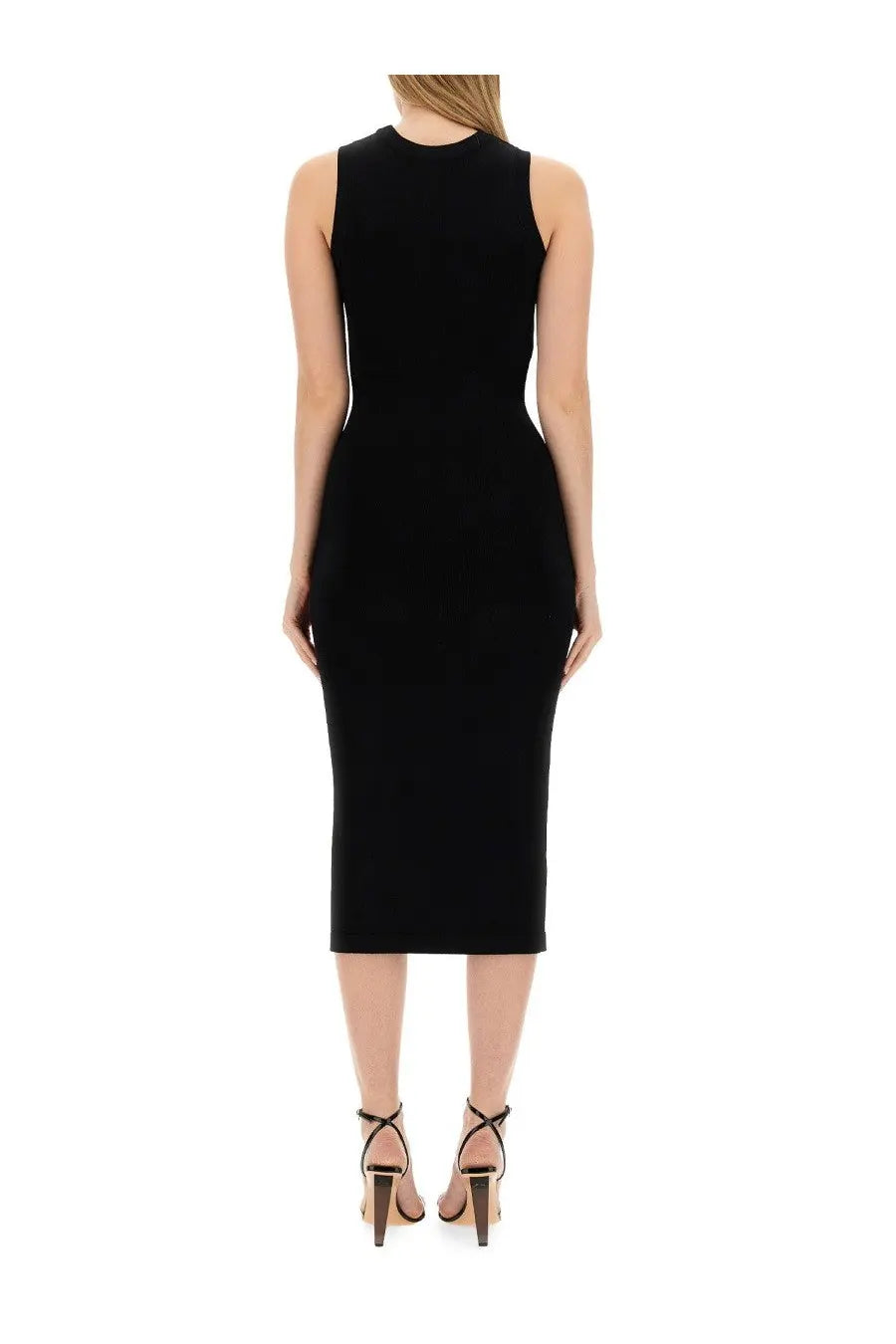 Moschino women’s black sleeveless fitted midi dress with high neckline perfect for stylish occasions