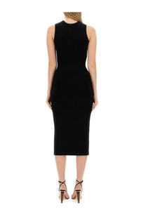 Moschino women’s black sleeveless fitted midi dress with high neckline perfect for stylish occasions