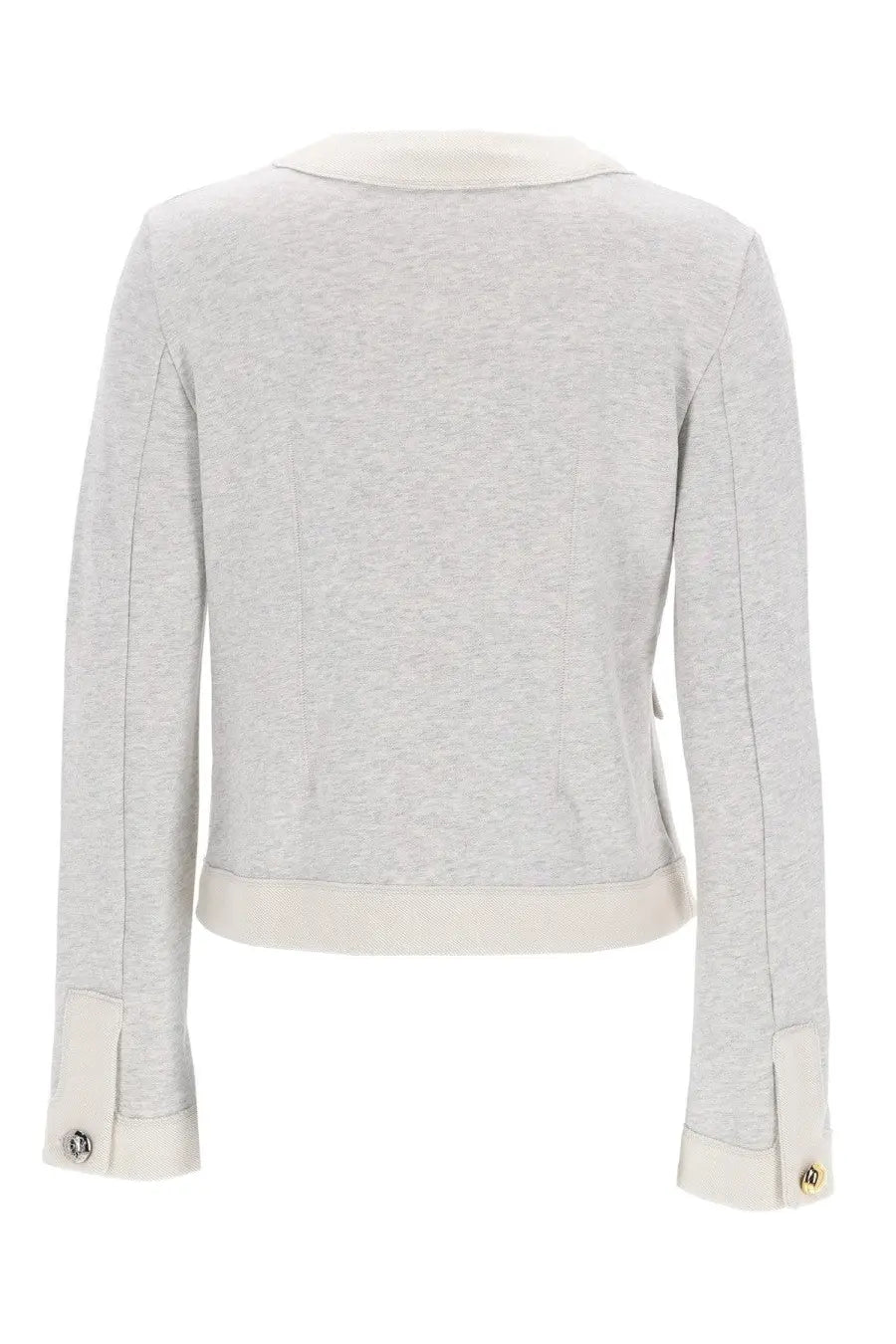 Moschino women’s cardigan grey light gray textured knit blazer with cream trim on collar cuffs and hem