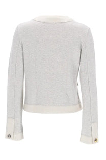Moschino women’s cardigan grey light gray textured knit blazer with cream trim on collar cuffs and hem