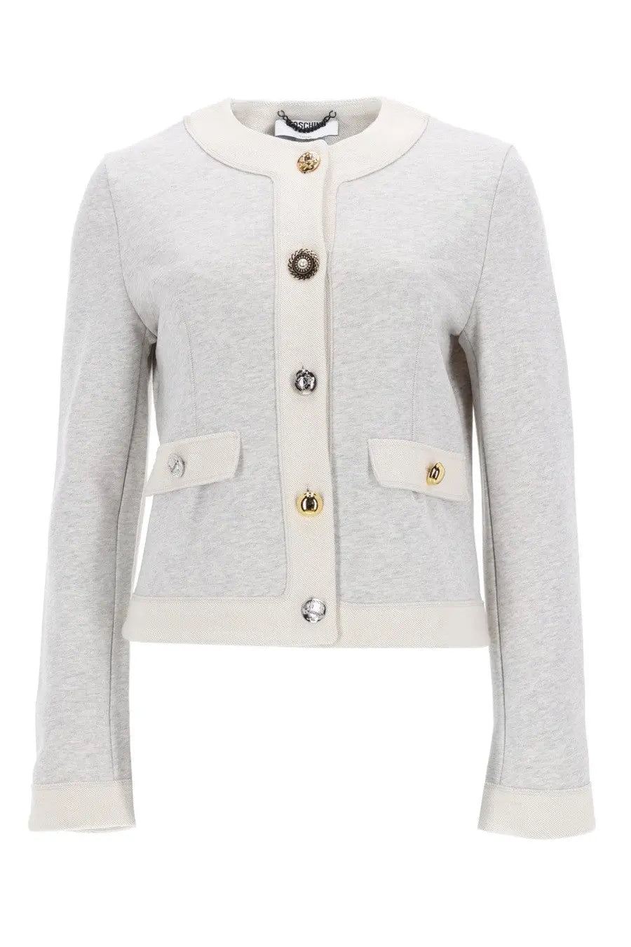 Moschino women’s cardigan grey light gray wool blend jacket with cream trim gold buttons and front flap pockets