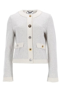 Moschino women’s cardigan grey light gray wool blend jacket with cream trim gold buttons and front flap pockets