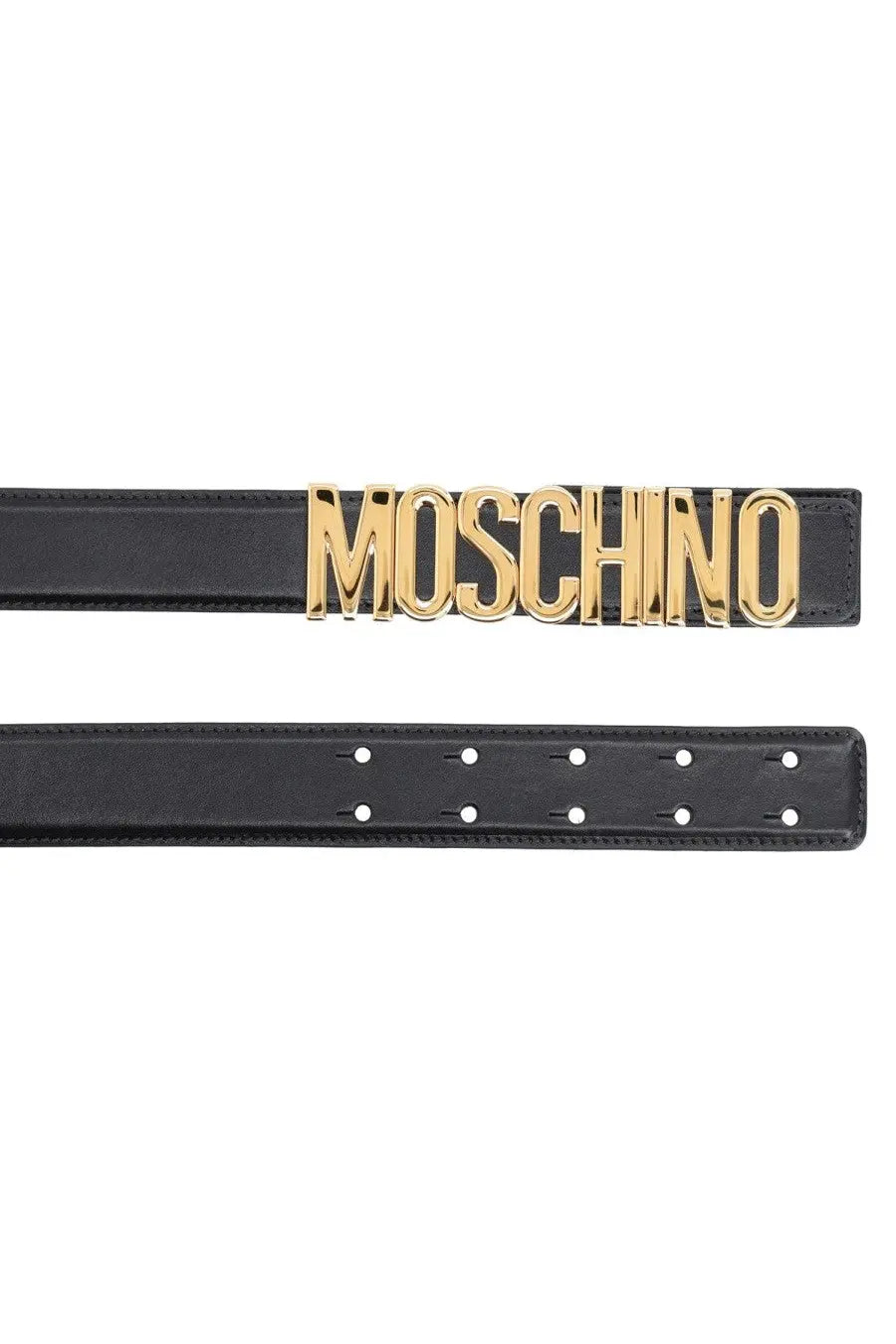 Moschino women’s black leather belt with bold gold-tone moschino logo plaque for stylish waist cinching