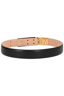 Moschino women’s black leather belt with gold tone moschino logo buckle for stylish waist cinching