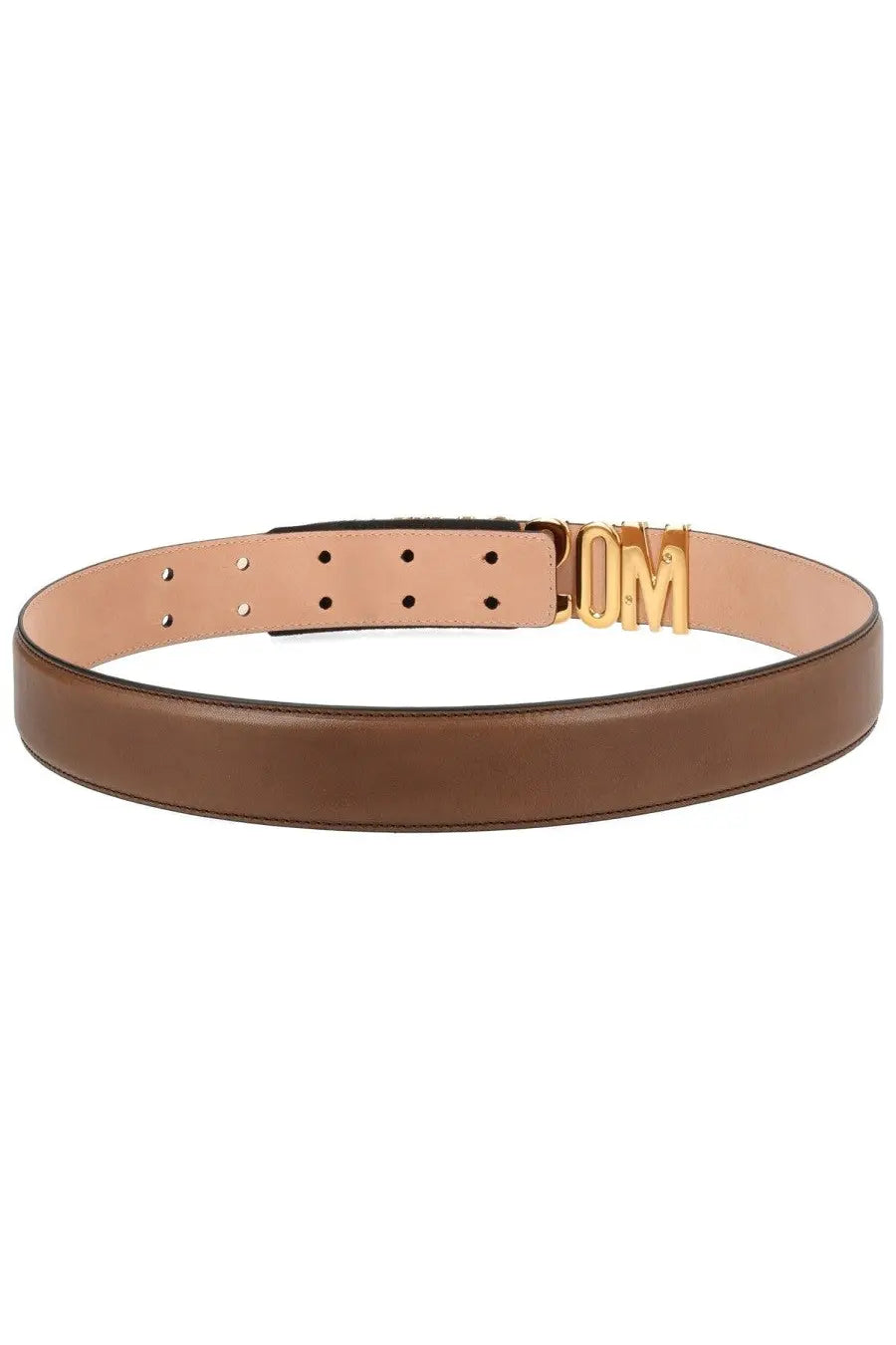 Moschino women’s brown leather belt with gold-tone mcm logo buckle for stylish waist accessorizing