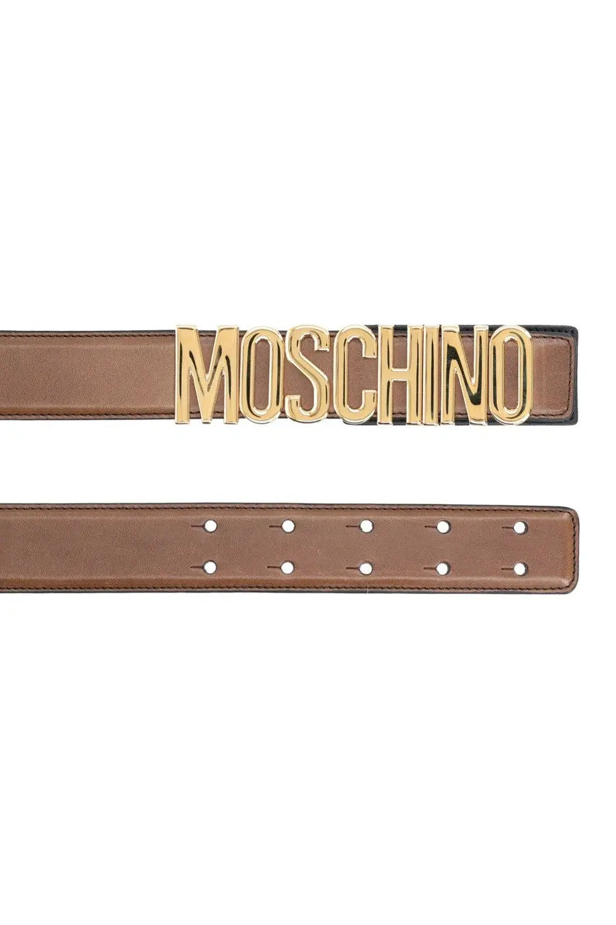Brown leather belt with a prominent gold-tone Moschino logo plaque for women titled Moschino Cintura Con Brown