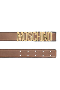 Brown leather belt with a prominent gold-tone Moschino logo plaque for women titled Moschino Cintura Con Brown