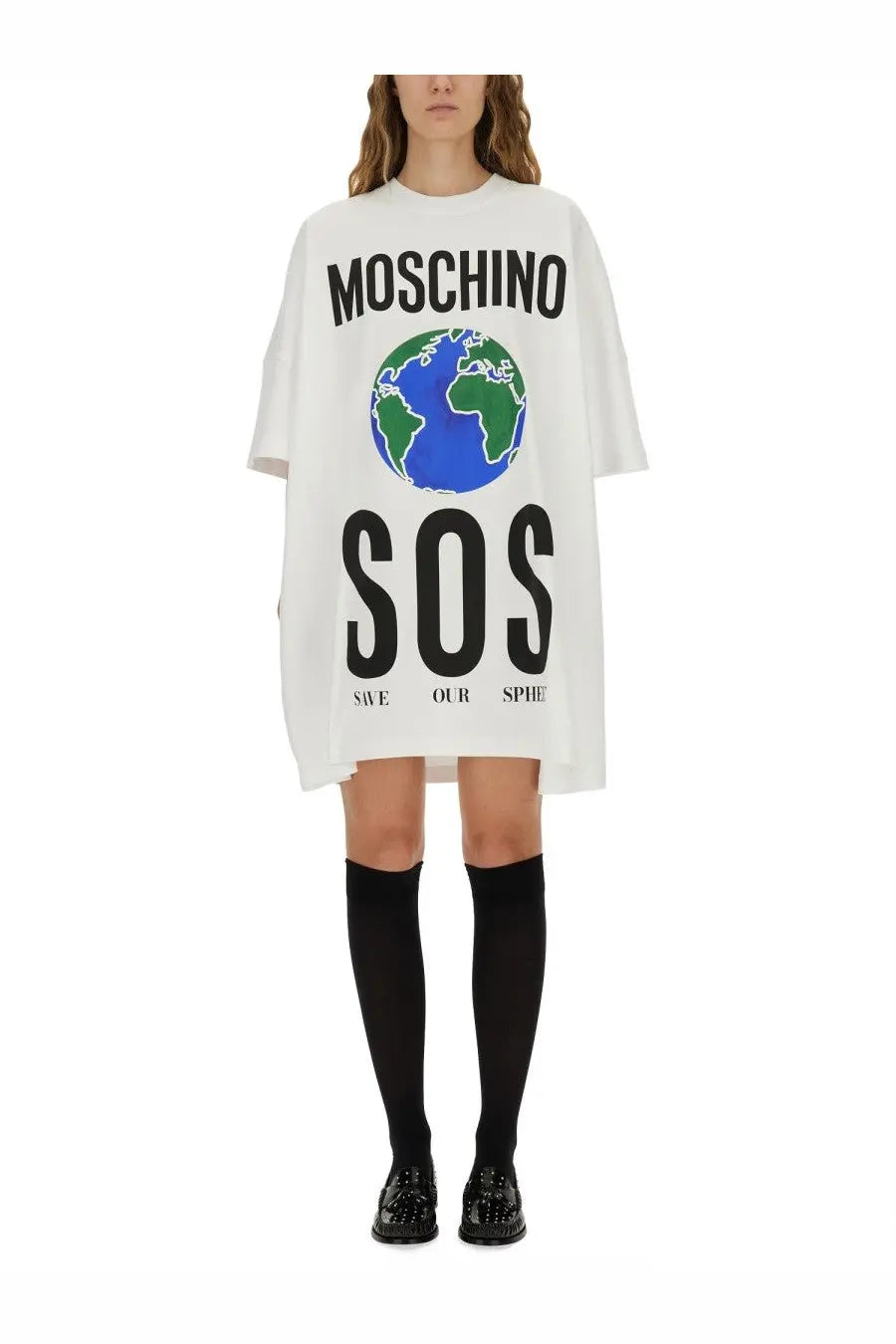 Moschino women’s white cotton interlock oversized t-shirt dress with bold black sos graphic and save our sphere text