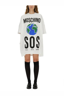 Moschino women’s white cotton interlock oversized t-shirt dress with bold black sos graphic and save our sphere text