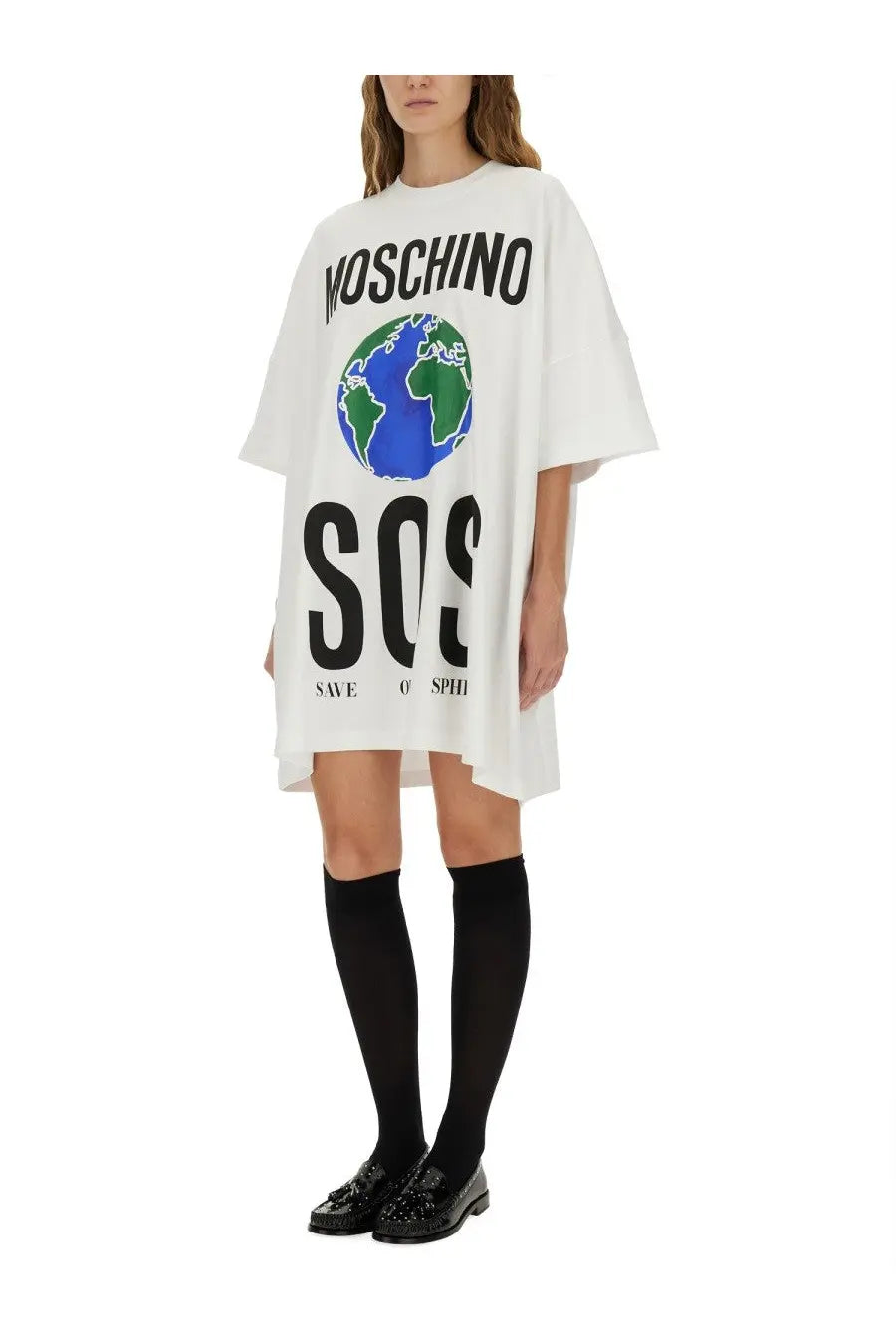 White moschino cotton interlock oversized t-shirt dress with bold black sos graphic and blue green globe illustration