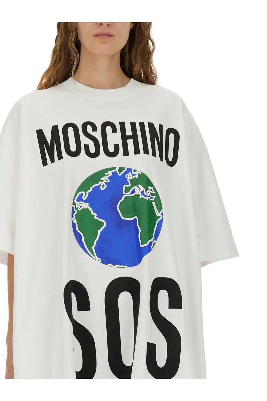 Moschino women’s white cotton interlock t-shirt with bold black lettering and colorful globe graphic on front