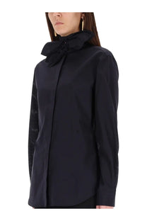 Moschino women’s black cotton poplin shirt with large bow collar and sheer mesh sleeve panels