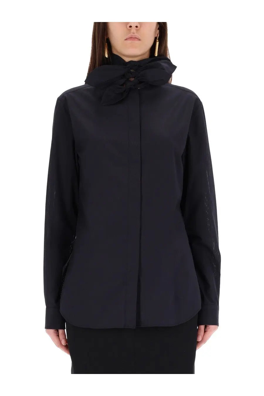 Moschino women’s black cotton poplin jacquard blouse with a bow neckline and sheer textured sleeves