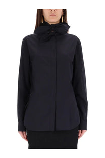 Moschino women’s black cotton poplin jacquard blouse with a bow neckline and sheer textured sleeves