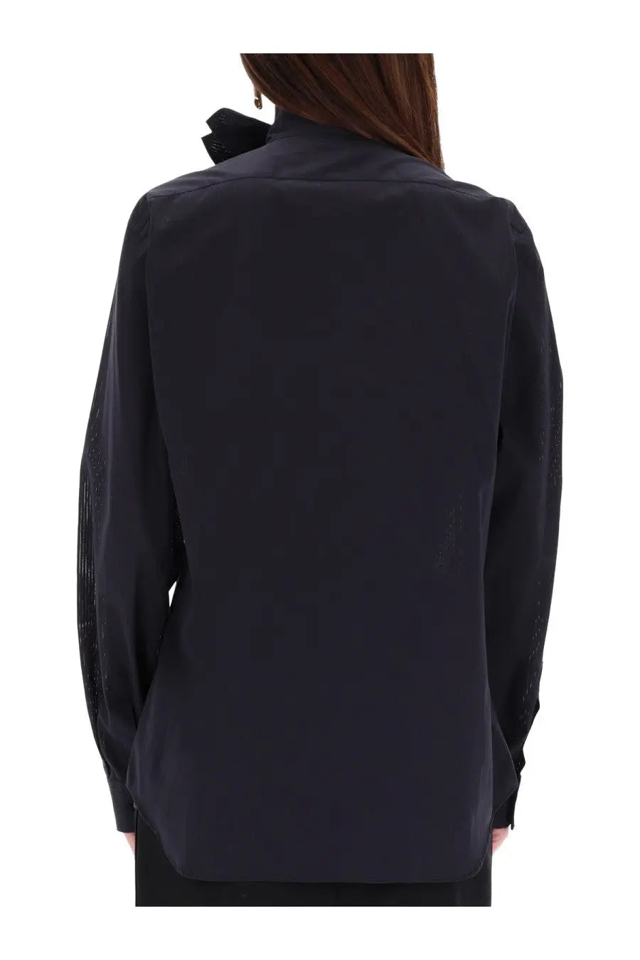 Moschino women’s black cotton poplin jacquard shirt with sheer textured sleeves and decorative ruffle collar