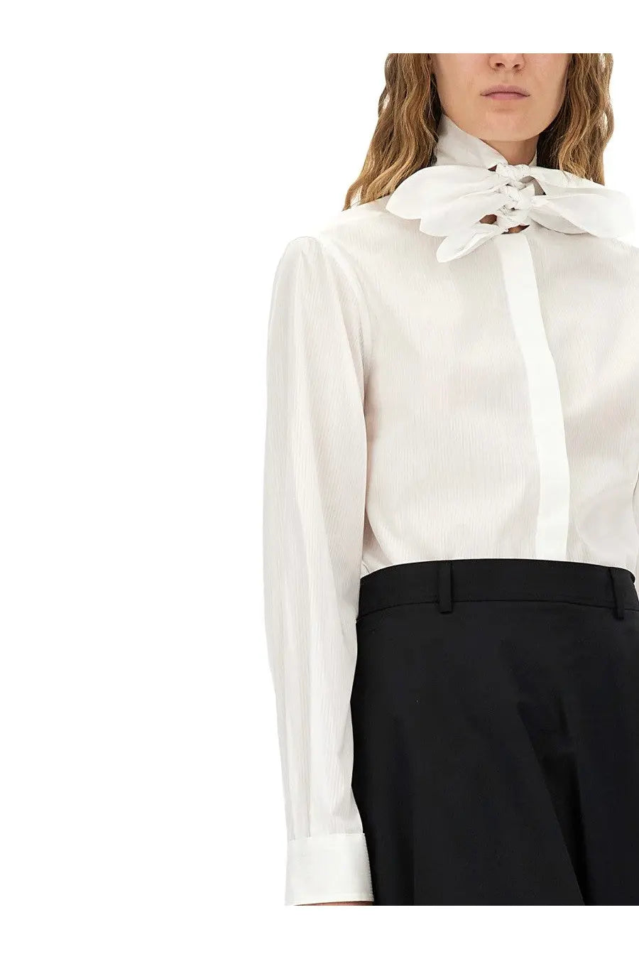 Moschino women’s white cotton poplin jacquard shirt with delicate lace-up bow collar and vertical pleated sleeves