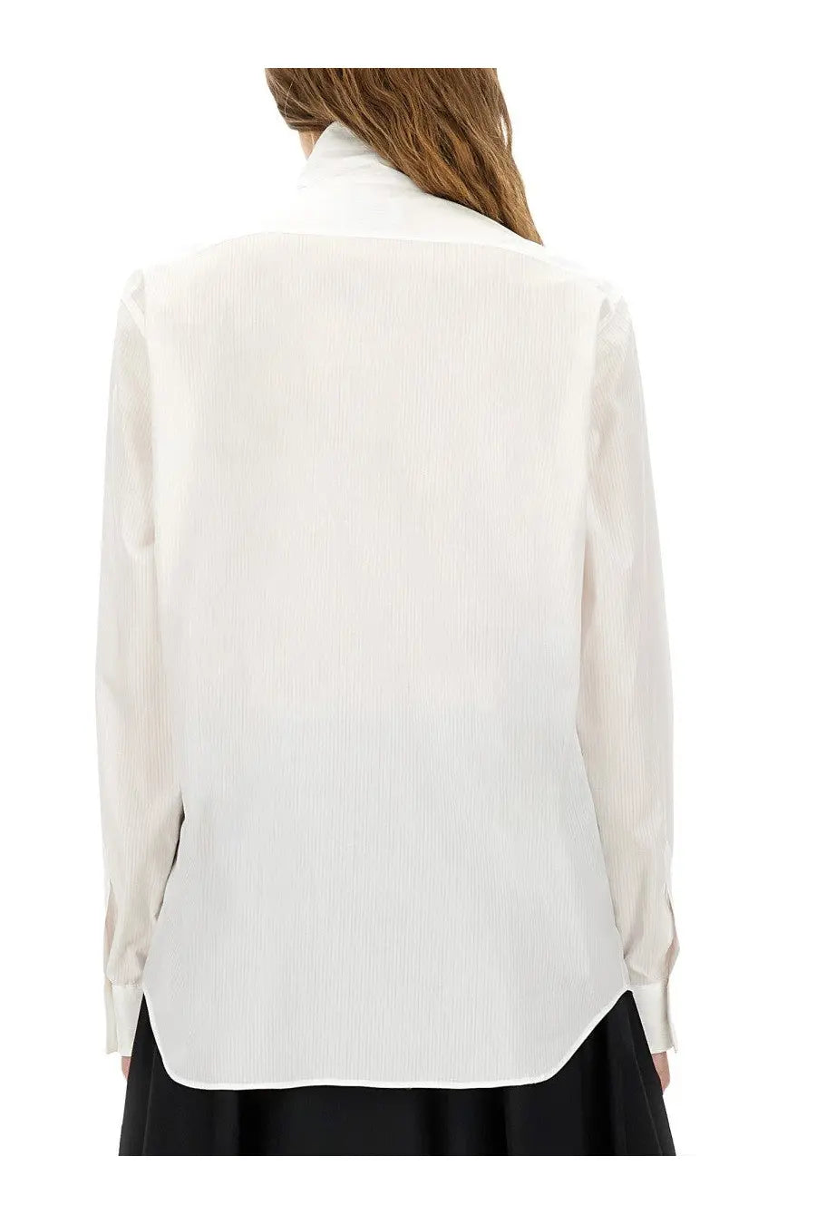 Moschino women’s white cotton poplin jacquard shirt with a crisp ribbed texture and high collar long sleeves