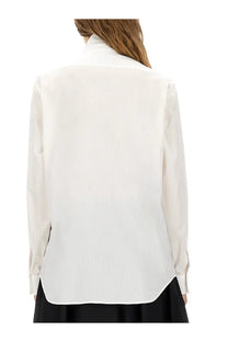 Moschino women’s white cotton poplin jacquard shirt with a crisp ribbed texture and high collar long sleeves