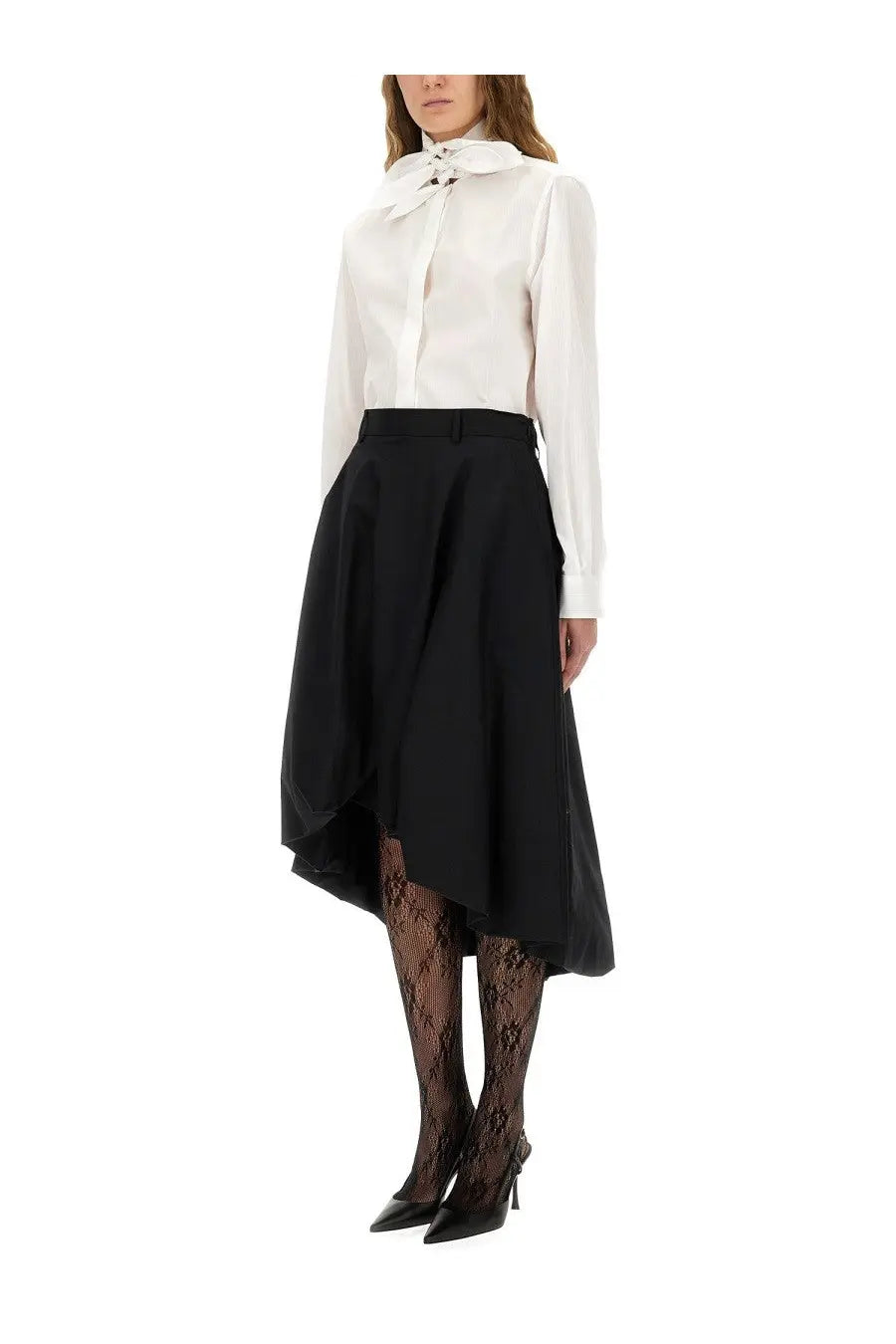 White long-sleeved Moschino cotton poplin jacquard blouse with a prominent bow at the collar ideal for women
