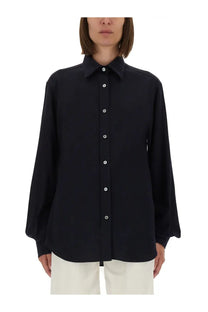 Black button-down blouse with long sleeves and classic collar in cotton from moschino womens blue shirt collection