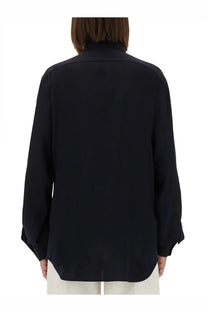 Black satin blouse with high collar and long sleeves shown from the front in moschino womens cotton shirt blue product image