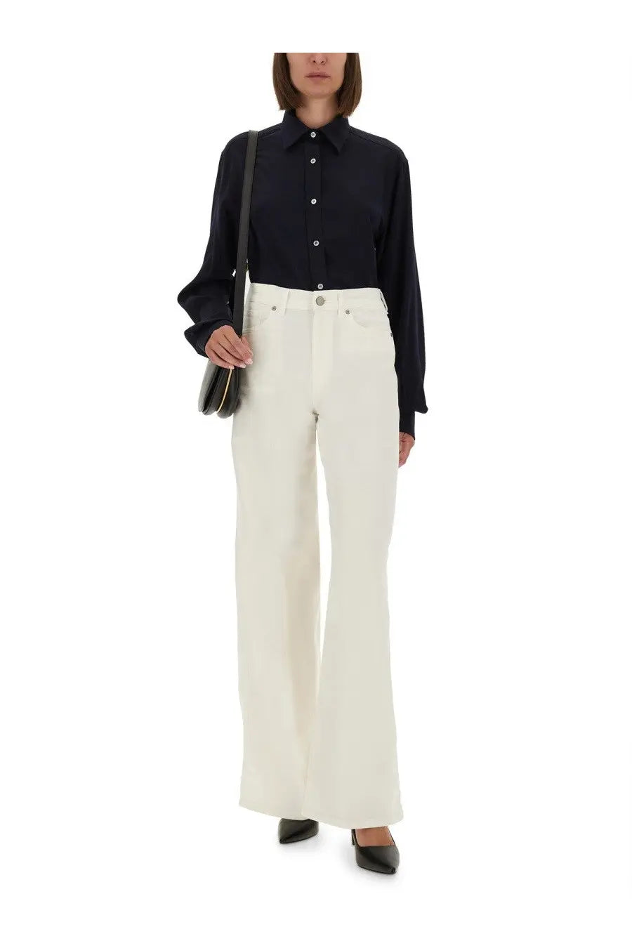 Cream-colored wide-leg trousers with tailored fit and classic denim construction paired with moschino women’s blue cotton shirt