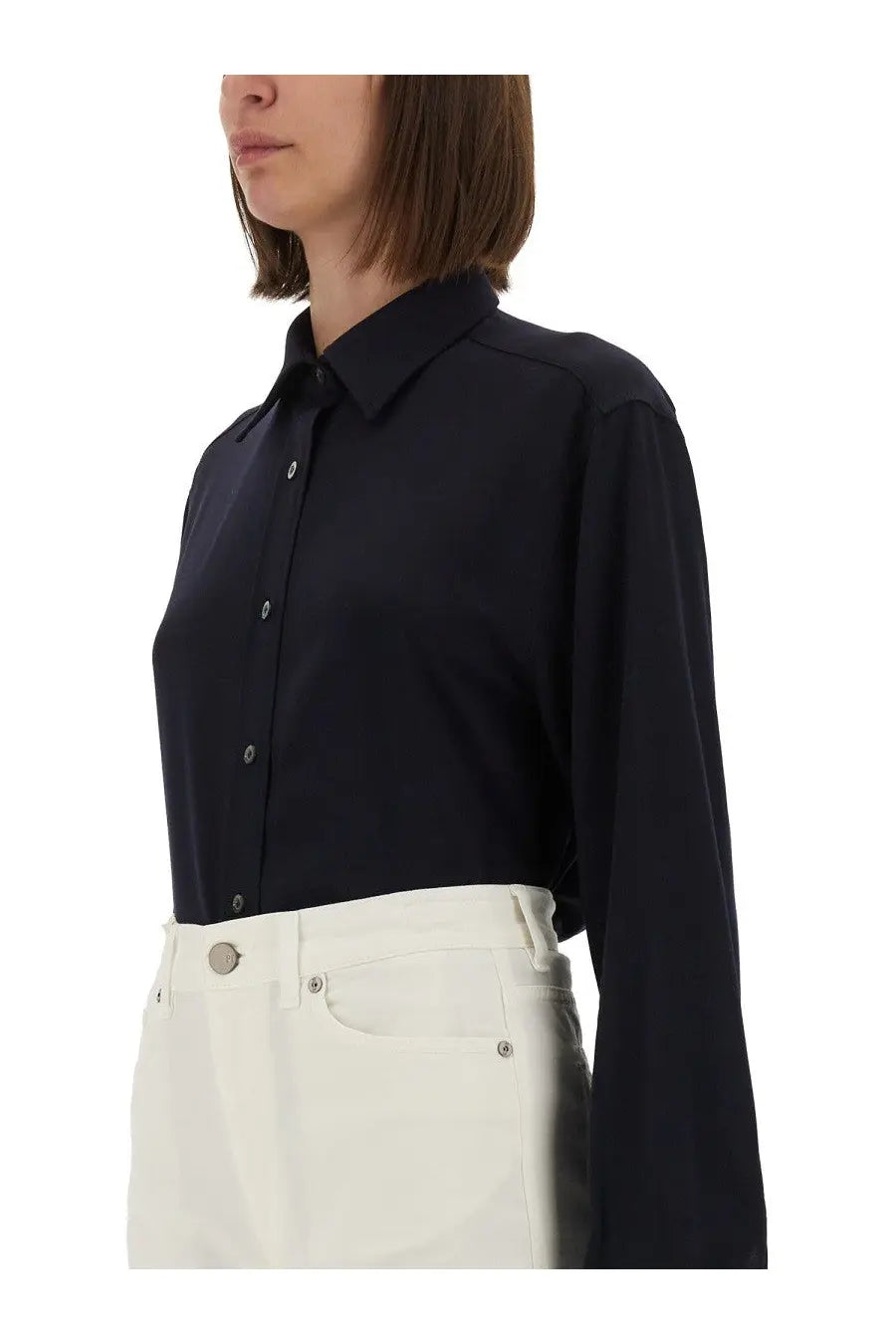 Moschino women’s blue cotton shirt with long sleeves crisp collar and subtle sheen in sleek black design